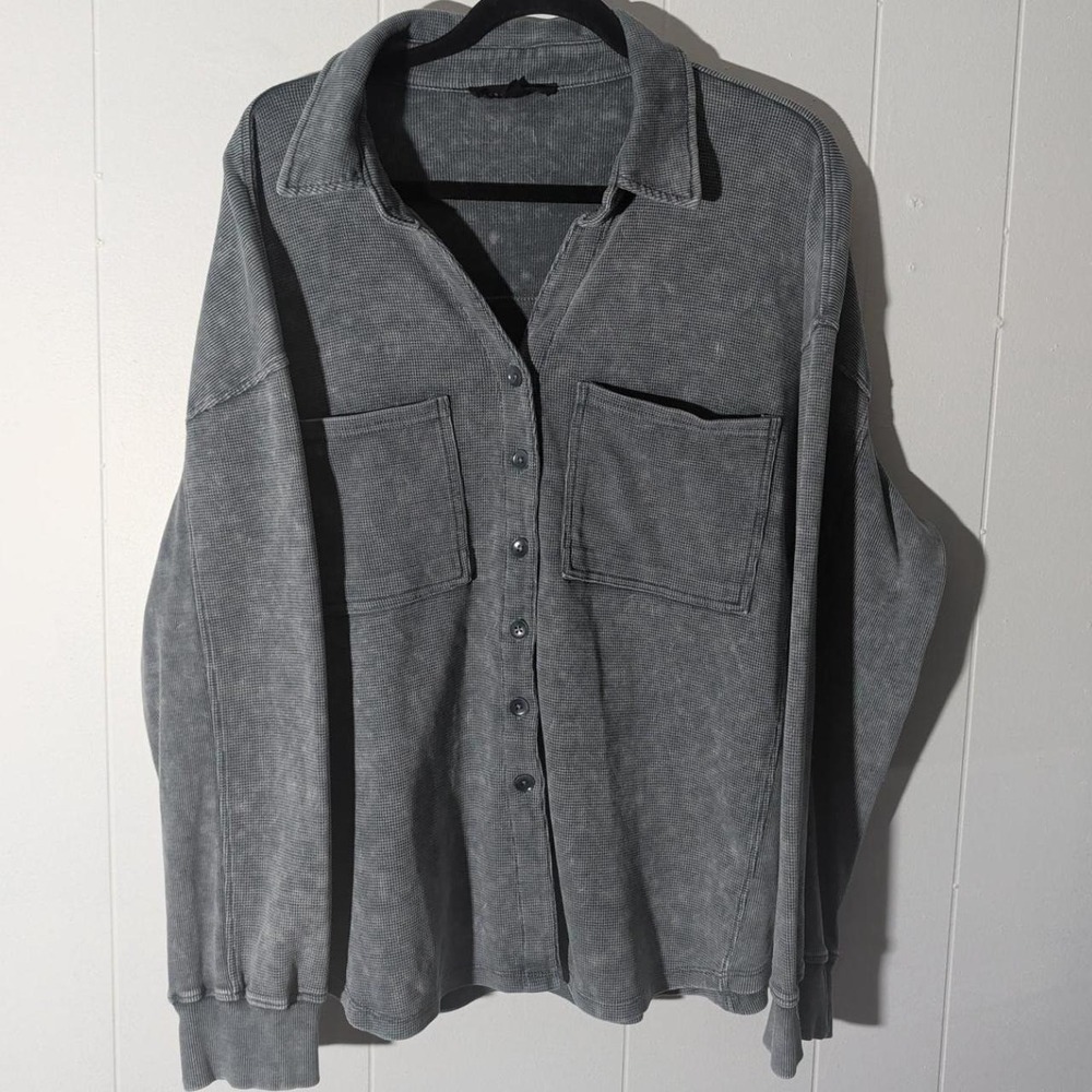Womens Jane + Delancey Blue Grey Button Up XL Excellent Waffle Knit Acid Wash